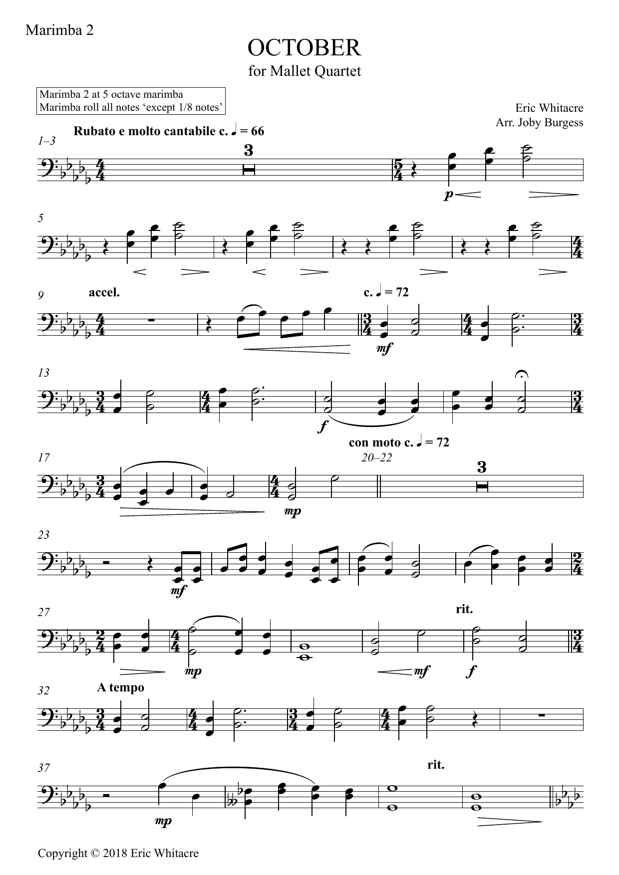 Produktgalerie: Seite 1 von 1 October (Alleluia) for Mallet Quartet (arr. Joby Burgess) - Marimba 2, Eric Whitacre, Percussion