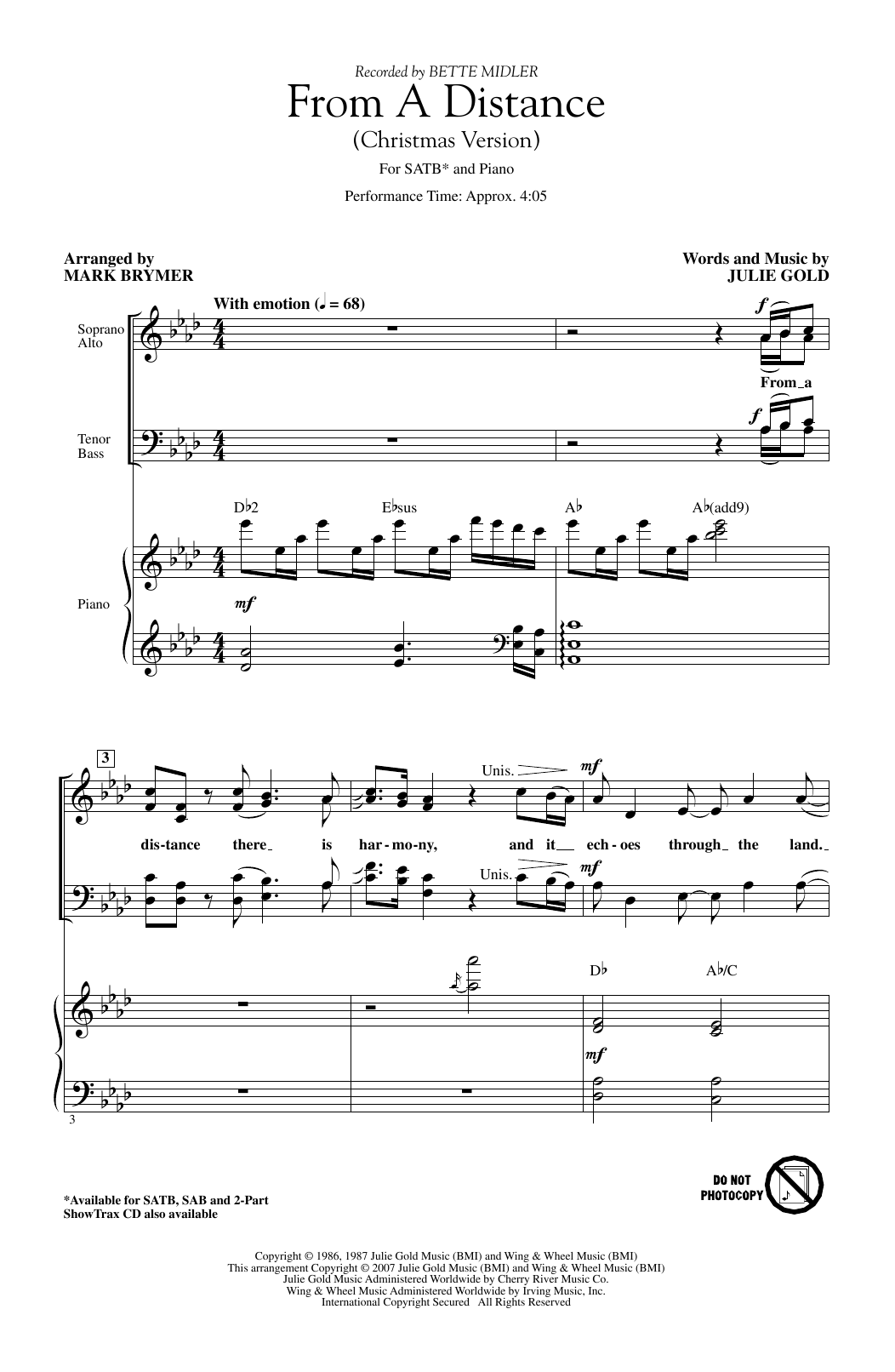 Product gallery: Page 1 of 1 From A Distance (Christmas Version) (arr. Mark Brymer), Bette Midler