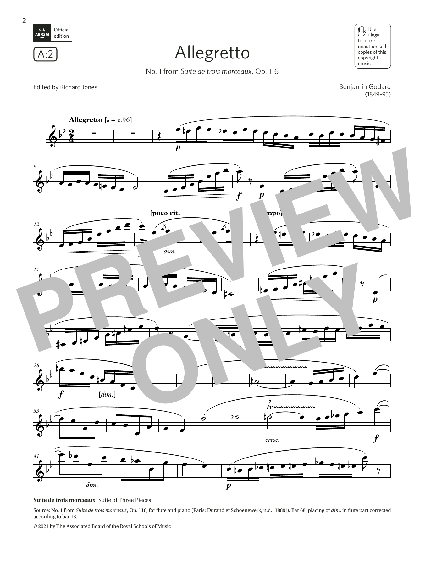 Product gallery: Page 1 of 1 Allegretto (from Suite de trois morceaux) (Grade 6 List A2 from the ABRSM Flute syllabus from 2022), Benjamin Godard