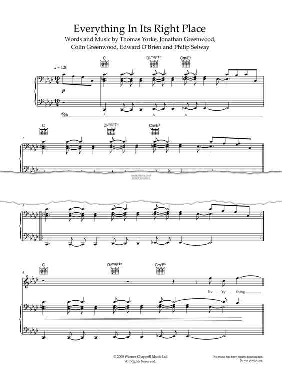 Produktgalerie: Seite 1 von 1 Everything In Its Right Place, Radiohead, Gesang, Gitarre, Klavier