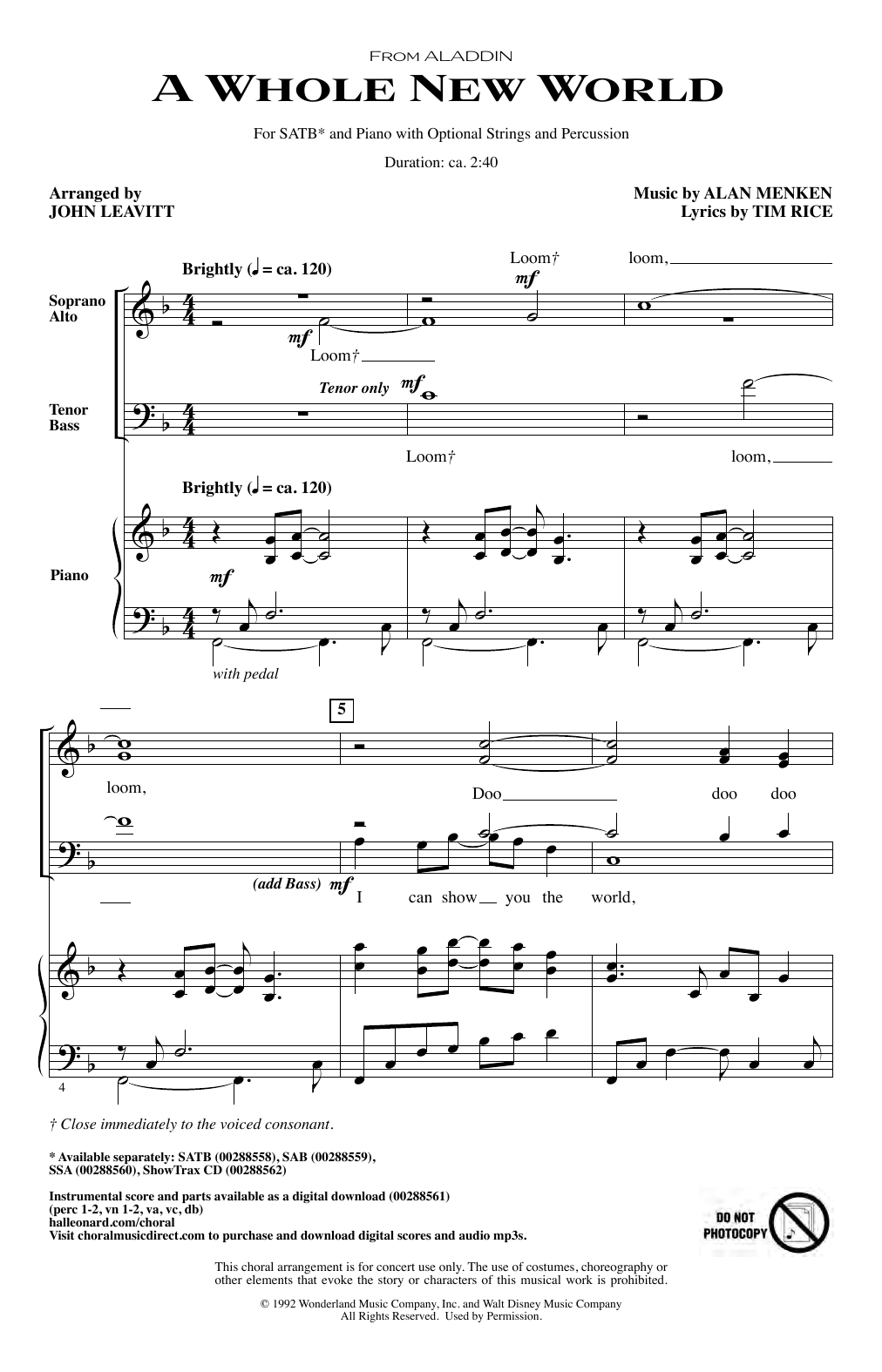 Produktbild zu: A Whole New World (from Aladdin) (arr. John Leavitt)
