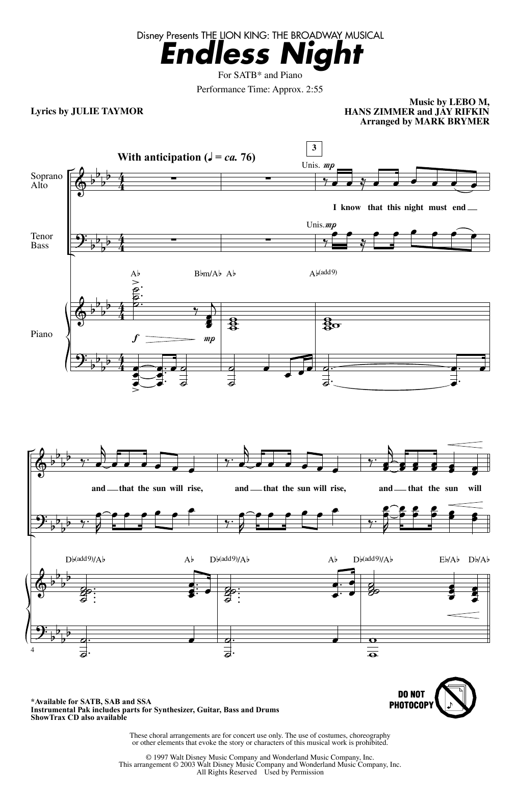 Product picture to: Endless Night (from The Lion King: Broadway Musical) (arr. Mark Brymer)