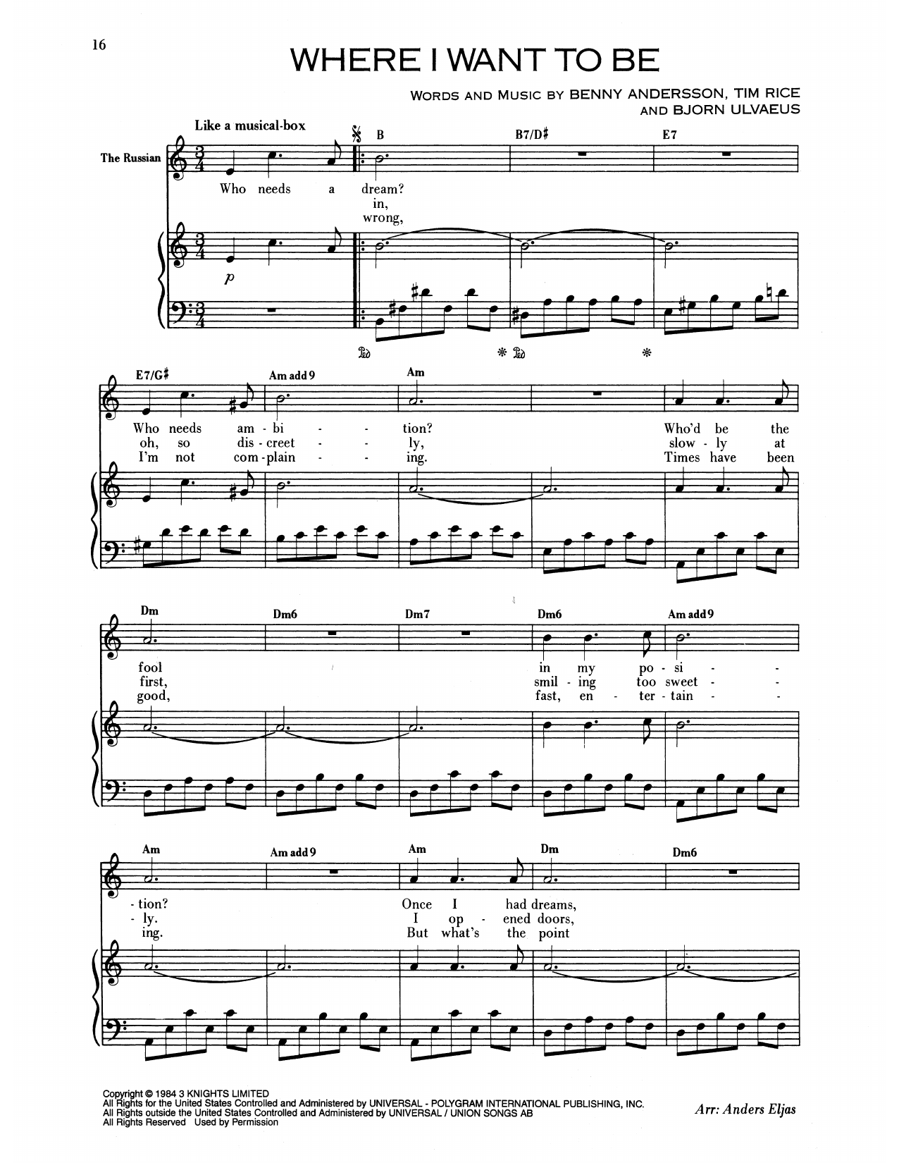 Produktgalerie: Seite 1 von 1 Where I Want To Be (from Chess), Benny Andersson, Gesang, Klavier