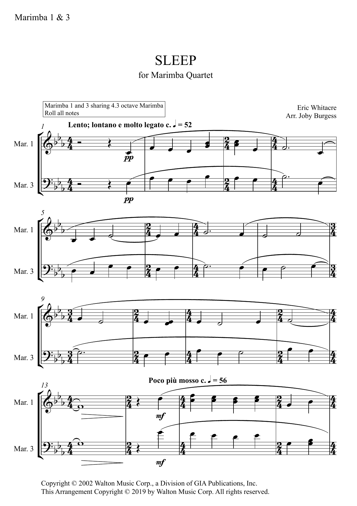 Produktgalerie: Seite 1 von 1 Sleep for Marimba Quartet (arr. Joby Burgess) - MARIMBA 1 & 3, Eric Whitacre, Percussion