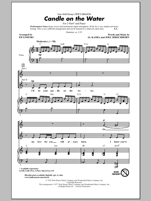Product picture to: Candle On The Water (from Pete's Dragon) (arr. Ed Lojeski)