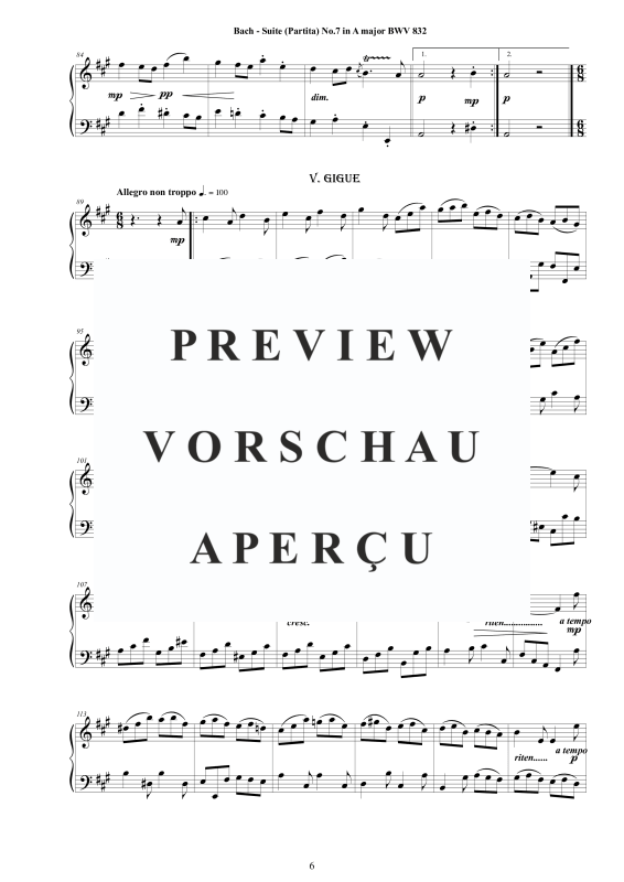Produktgalerie: Seite 7 von 8 Piano Suite No.7 (Partita) in A-Dur BWV 832, , Klavier Solo