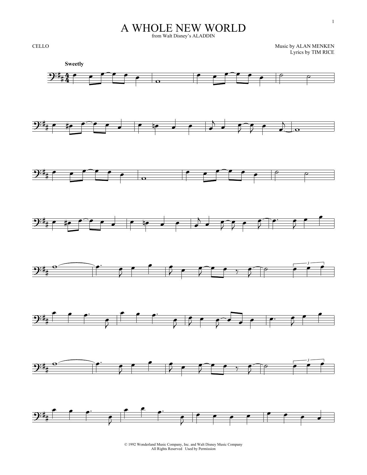 Produktgalerie: Seite 1 von 1 A Whole New World (from Aladdin), Alan Menken & Tim Rice, Violoncello