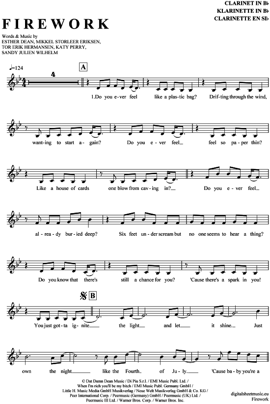 Product gallery: Page 1 of 4 Firework , Perry, Katy, Clarinet in B-flat