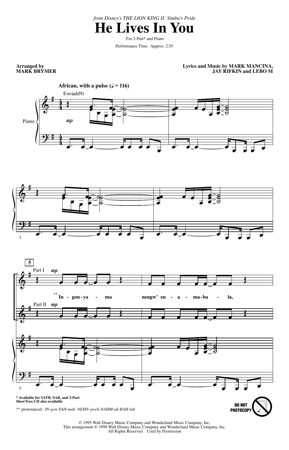 Product picture to: He Lives In You (from The Lion King II: Simba's Pride) (arr. Mark Brymer)