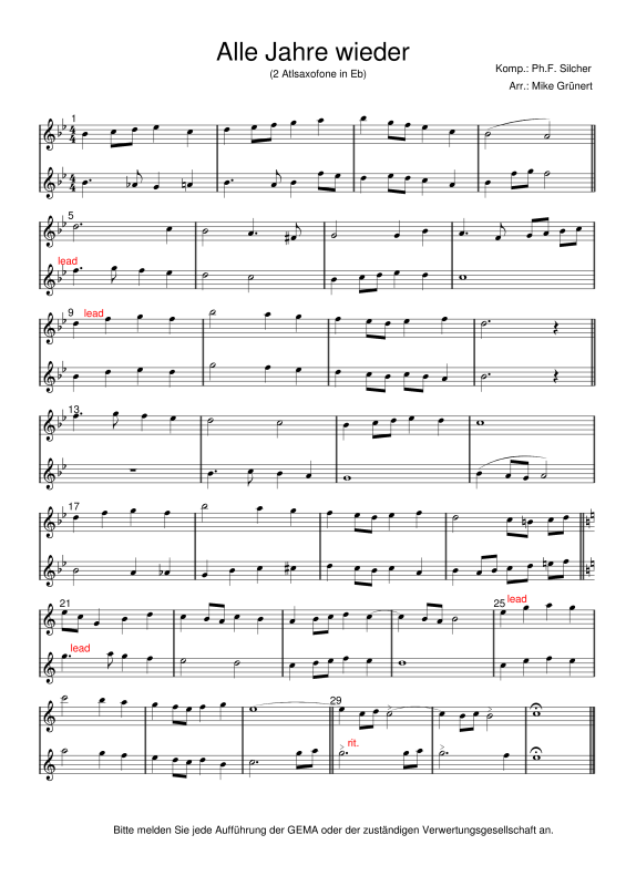 gallery: Deutsche Weihnachtslieder, , 15 Duette für 2 Alt Saxophone oder Instrumente in Es