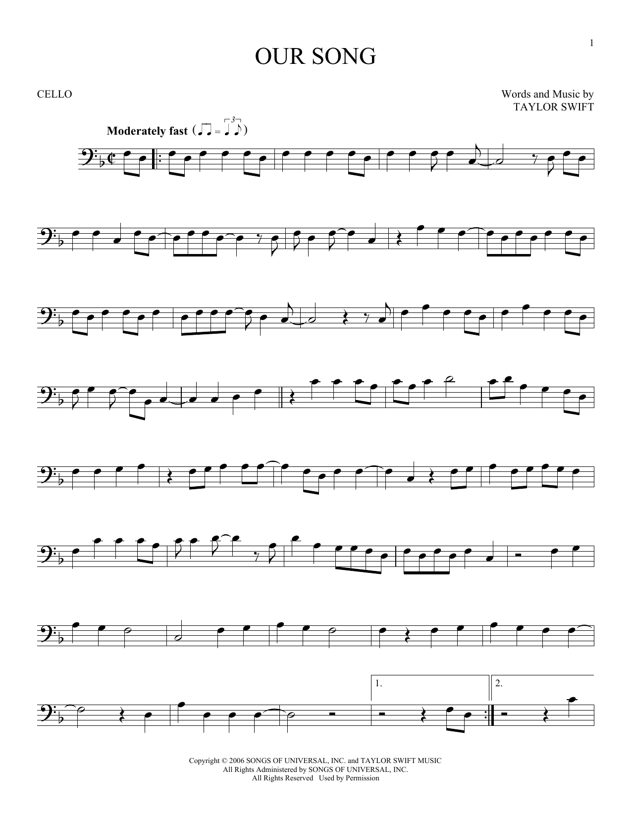 Produktgalerie: Seite 1 von 1 Our Song, Taylor Swift, Violoncello