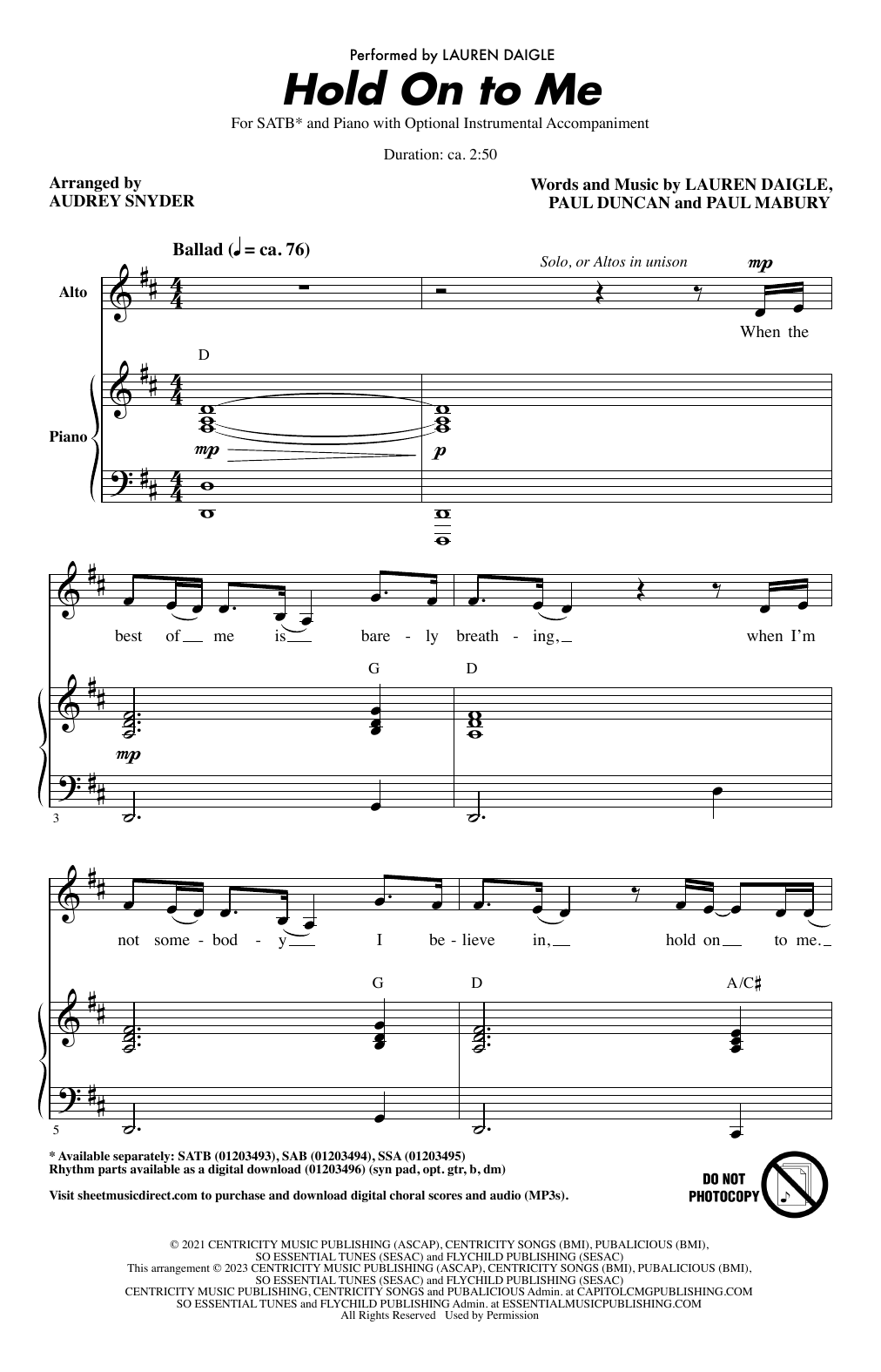Product picture to: Hold On To Me (arr. Audrey Snyder)