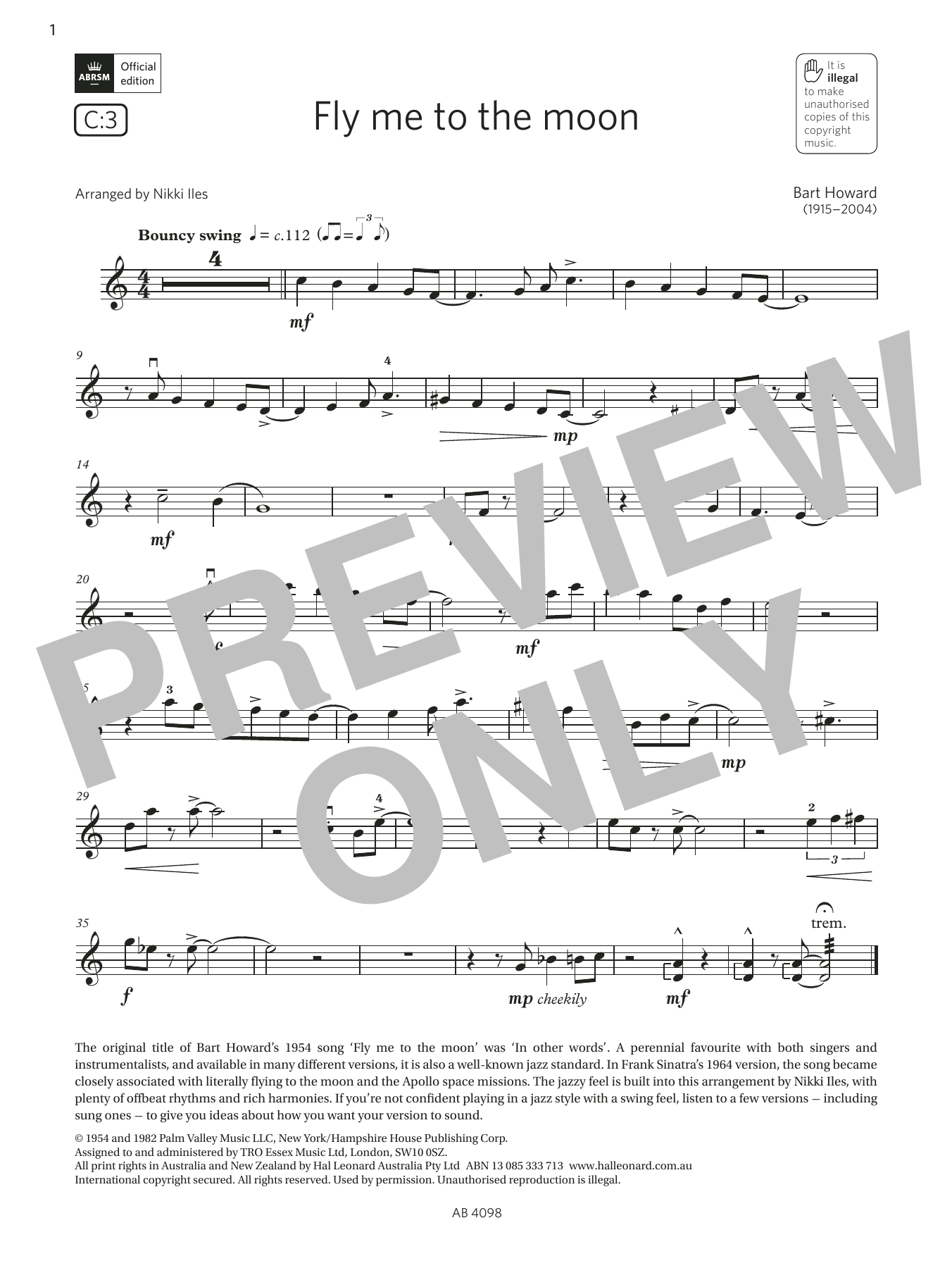 Product gallery: Page 1 of 1 Fly me to the moon (Grade 4, C3, from the ABRSM Violin Syllabus from 2024), Bart Howard