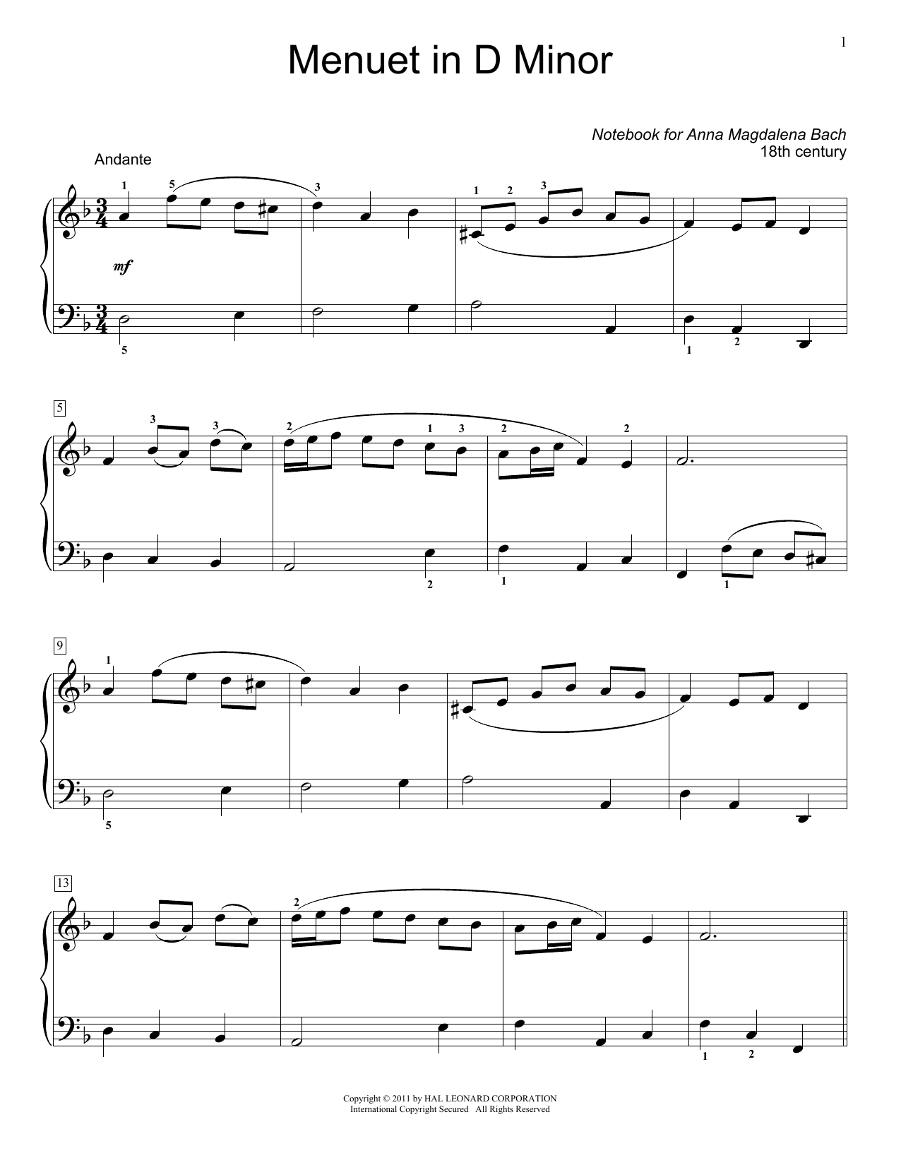 Product picture to: Menuet In D Minor, BWV App. 132