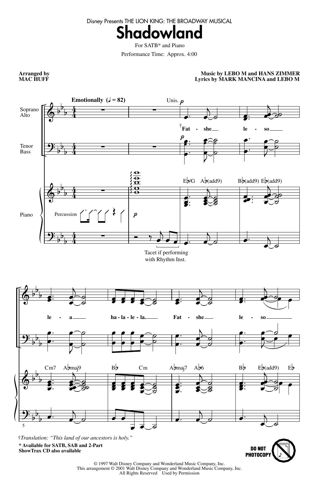 Product picture to: Shadowland (from The Lion King: Broadway Musical) (arr. Mac Huff)