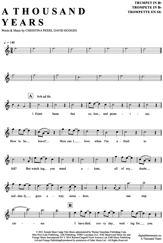 Produktgalerie: Seite 1 von 4 A Thousand Years , Perri, Christina, Trompete in B