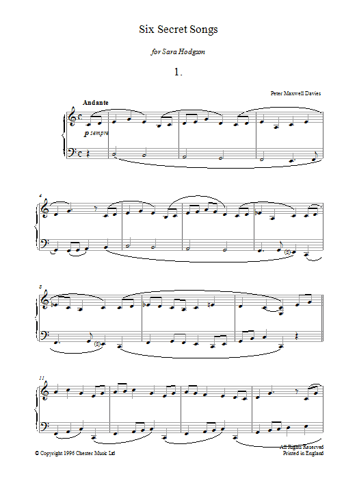 Product gallery: Page 1 of 1 Six Secret Songs, No.1, Andante, Peter Maxwell Davies