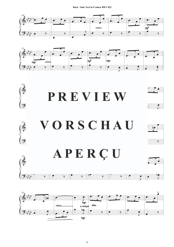 Produktgalerie: Seite 6 von 7 Piano Suite No.6 in F-Moll BWV 823 - Complete Piano Version, , Klavier Solo