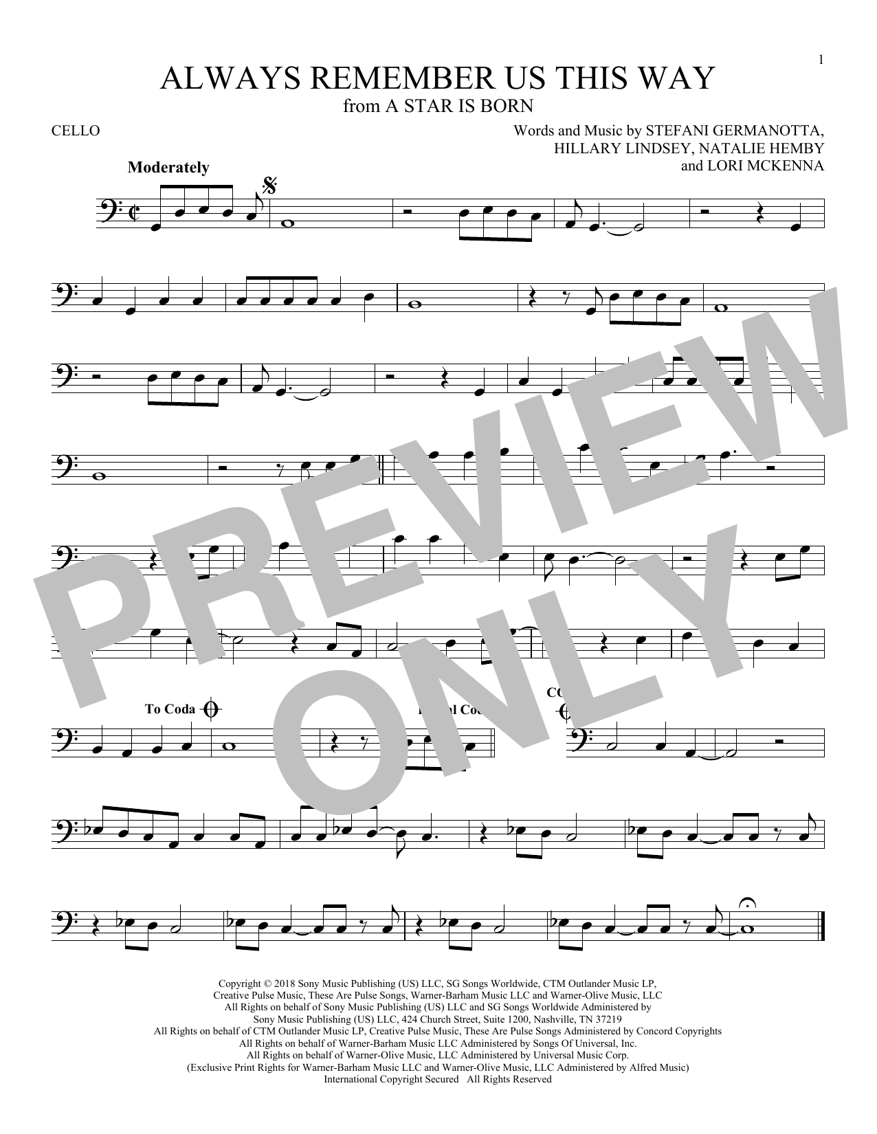 Produktgalerie: Seite 1 von 1 Always Remember Us This Way (from A Star Is Born), Lady Gaga, Violoncello