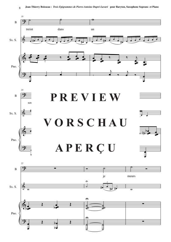 Product gallery: Page 10 of 16 Trois Épigrammes de Pierre-Antoine Dupré-Lavaré , , (baritone voice, soprano saxophone + piano)