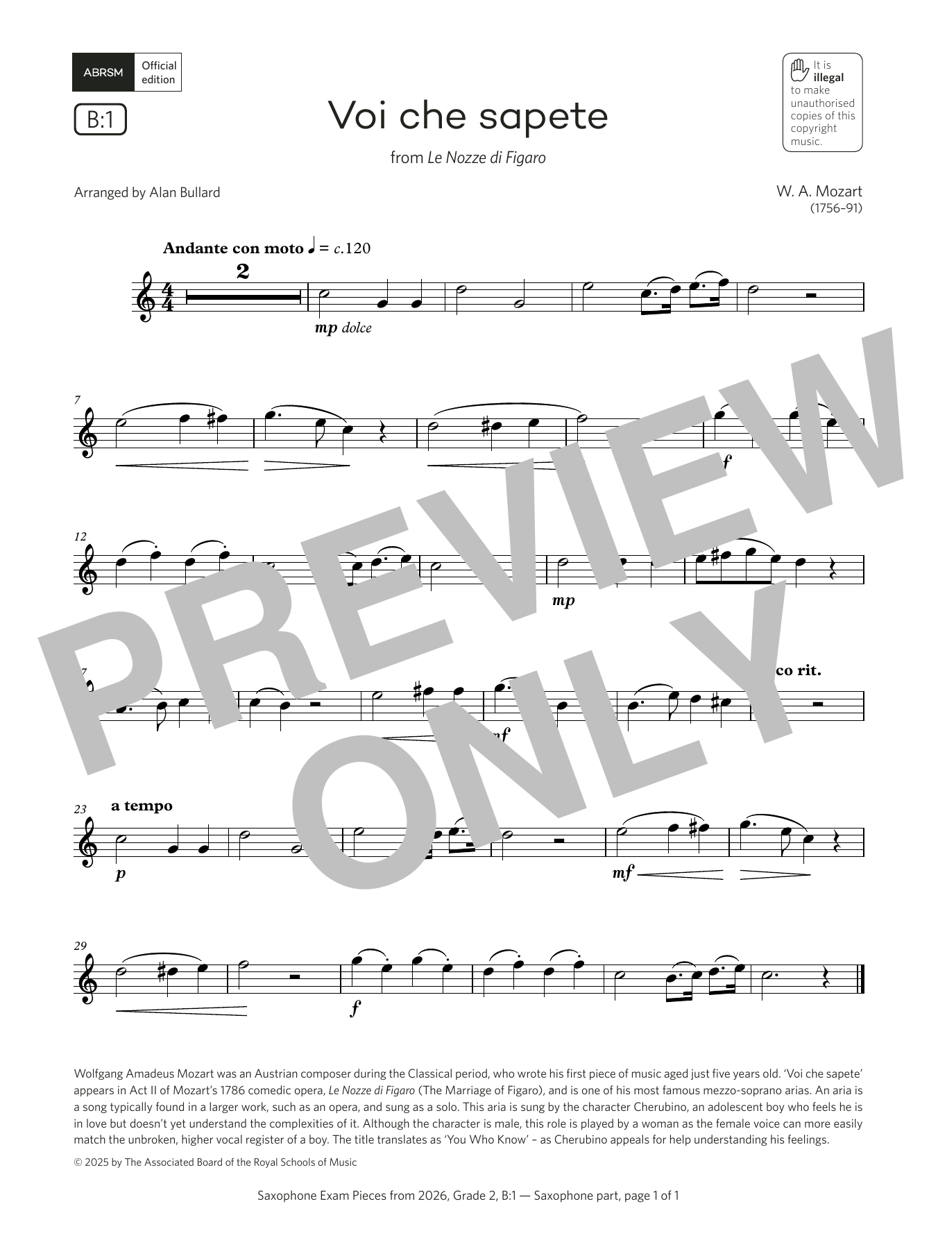 Product gallery: Page 1 of 1 Voi che sapete (Grade 2, list B1, from the ABRSM Saxophone Syllabus from 2026), Wolfgang Amadeus Mozart
