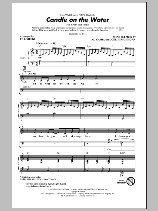 Product picture to: Candle On The Water (from Pete's Dragon) (arr. Ed Lojeski)