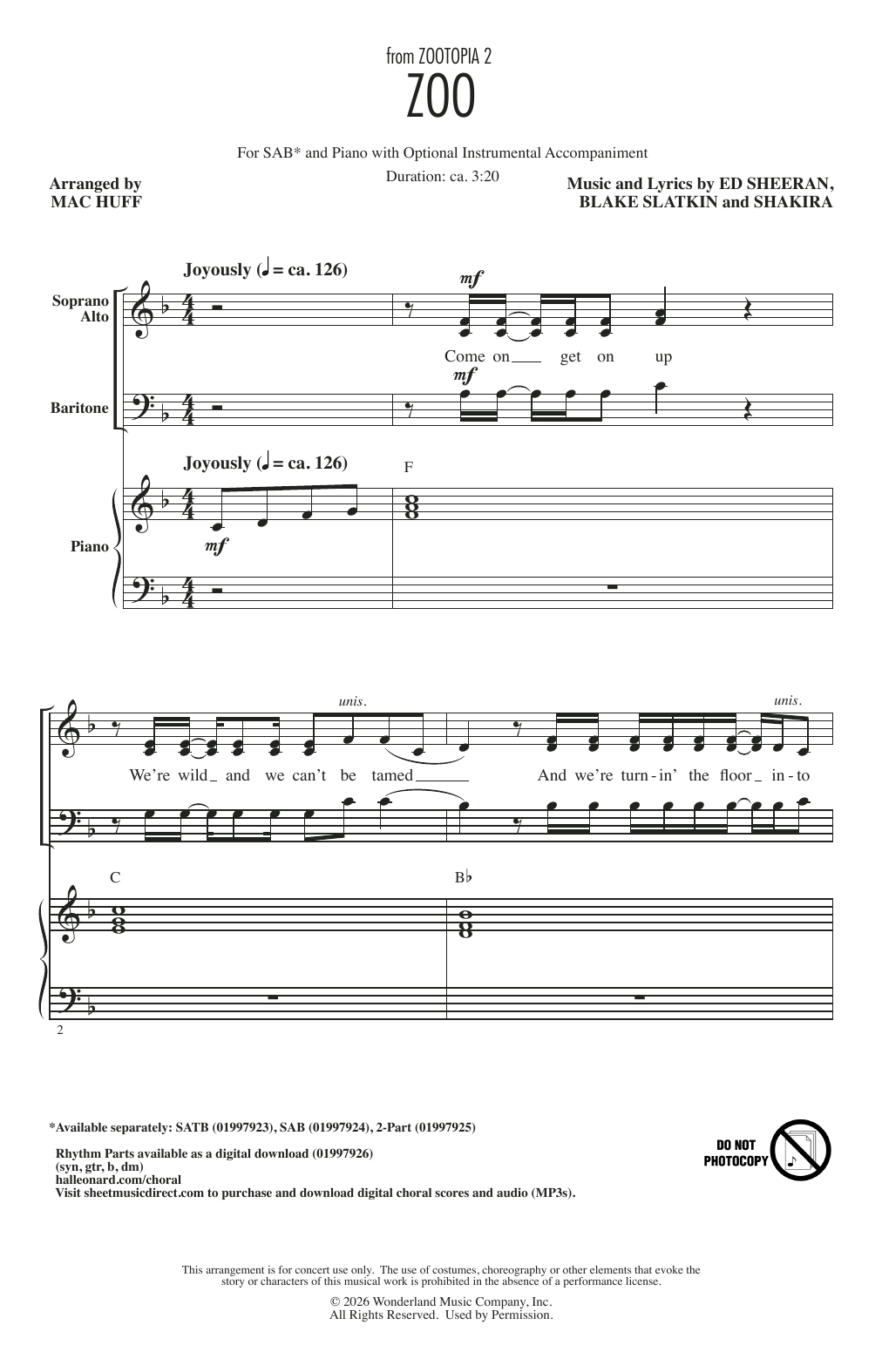 Produktgalerie: Seite 1 von 1 Zoo (from Zootopia 2) (arr. Mac Huff), Shakira, Chor