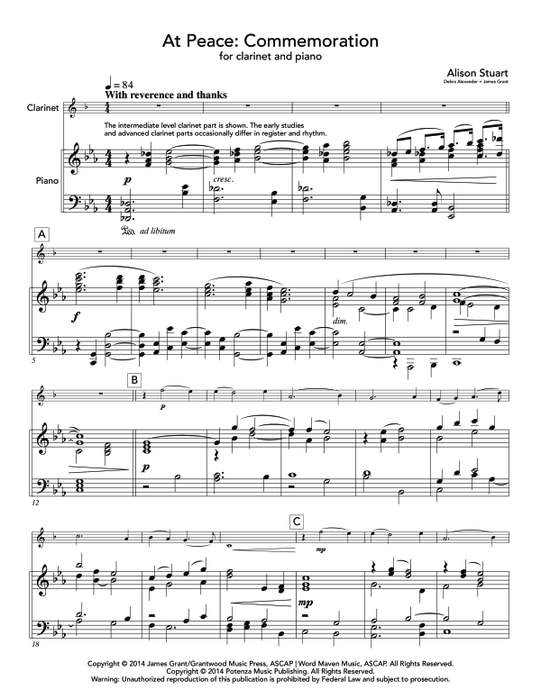 Product gallery: Page 1 of 11 At Peace: Commemoration, , (clarinet in Bb and piano)