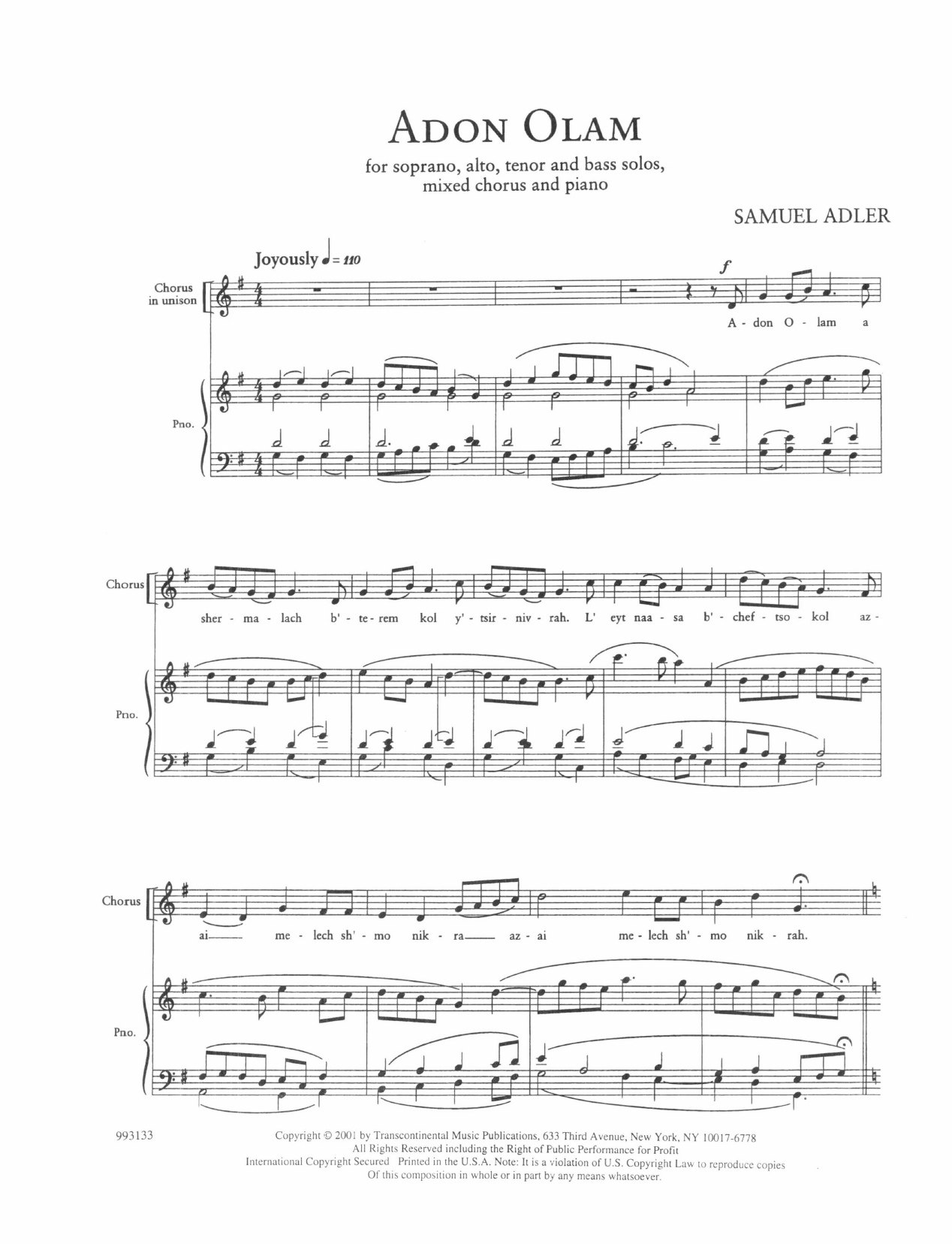 Product gallery: Page 1 of 1 Five Sephardic Choruses: Adon Olam, Samuel Adler