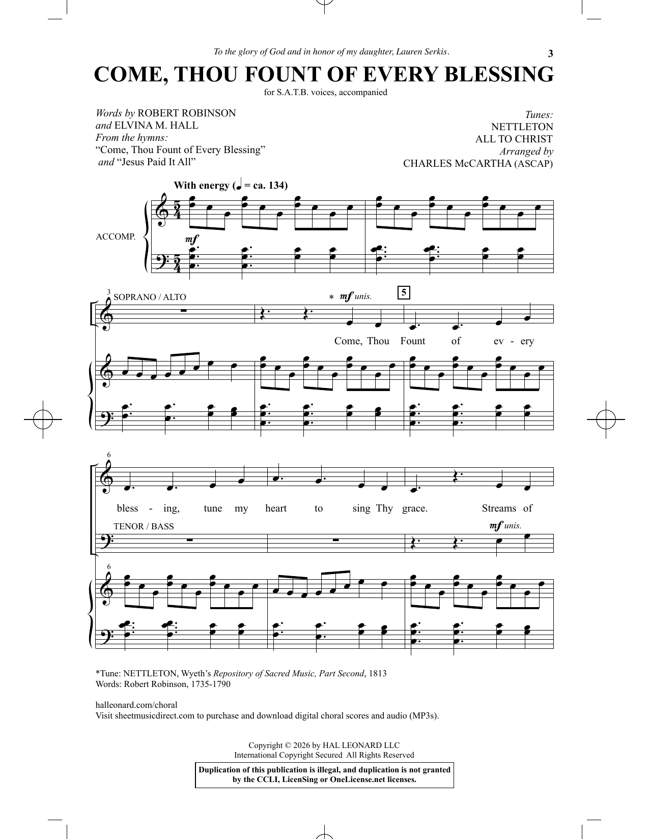 Product gallery: Page 1 of 1 Come, Thou Fount Of Every Blessing (arr. Charles McCartha), Elvina M. Hall