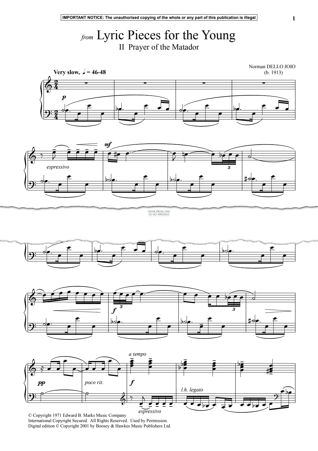 Produktgalerie: Seite 1 von 1 II Prayer of the Matador from Lyric Pieces for the Young, Norman Dello Joio, Klavier