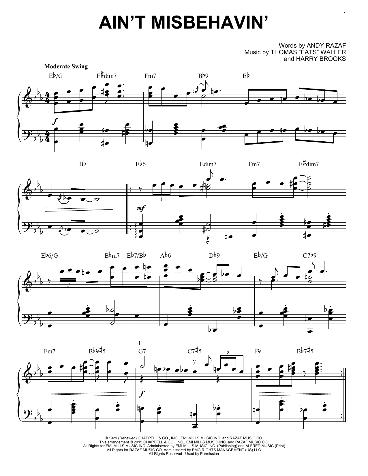 Product gallery: Page 1 of 1 Ain't Misbehavin' [Stride version] (arr. Brent Edstrom), Fats Waller