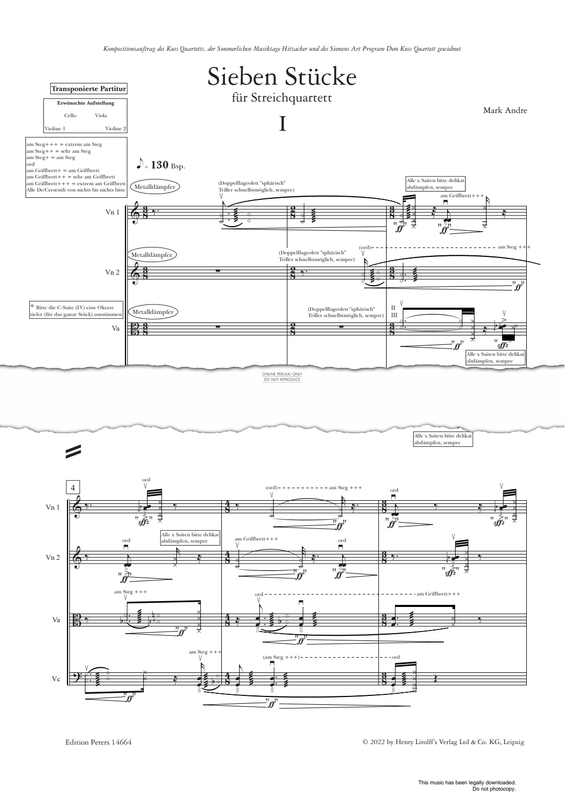 Produktgalerie: Seite 1 von 1 Sieben Stücke, Mark Andre, Quartett