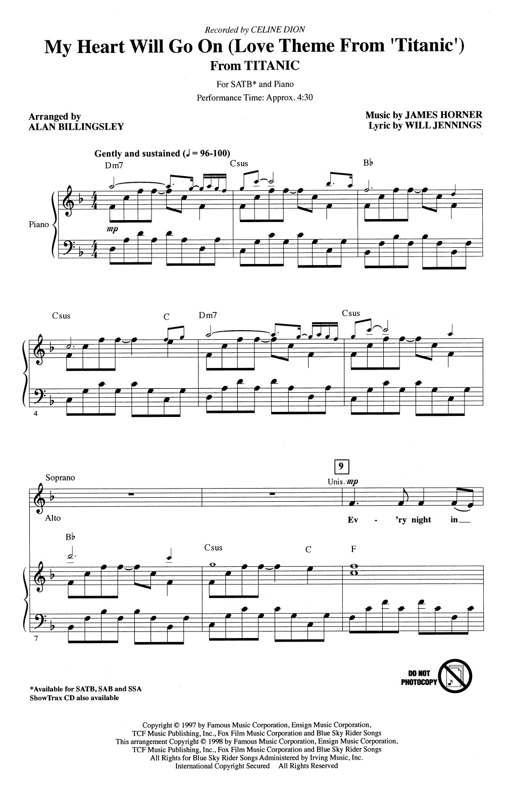 Product picture to: My Heart Will Go On (Love Theme From 'Titanic') (arr. Alan Billingsley)
