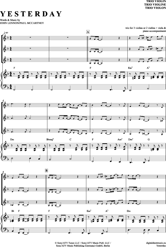 Product gallery: Page 1 of 10 Yesterday , Beatles, The, (violin trio + piano)