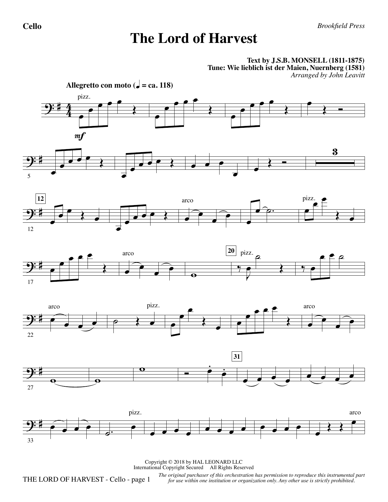 Produktbild zu: The Lord of Harvest - Cello