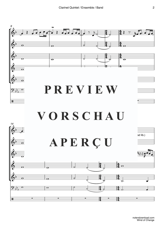 Product gallery: Page 5 of 11 Wind of Change, Scorpions, Clarinet Quintet/Ensemble/Band – Electric Bass and Drum Set Optional","Detected_source_language":"De