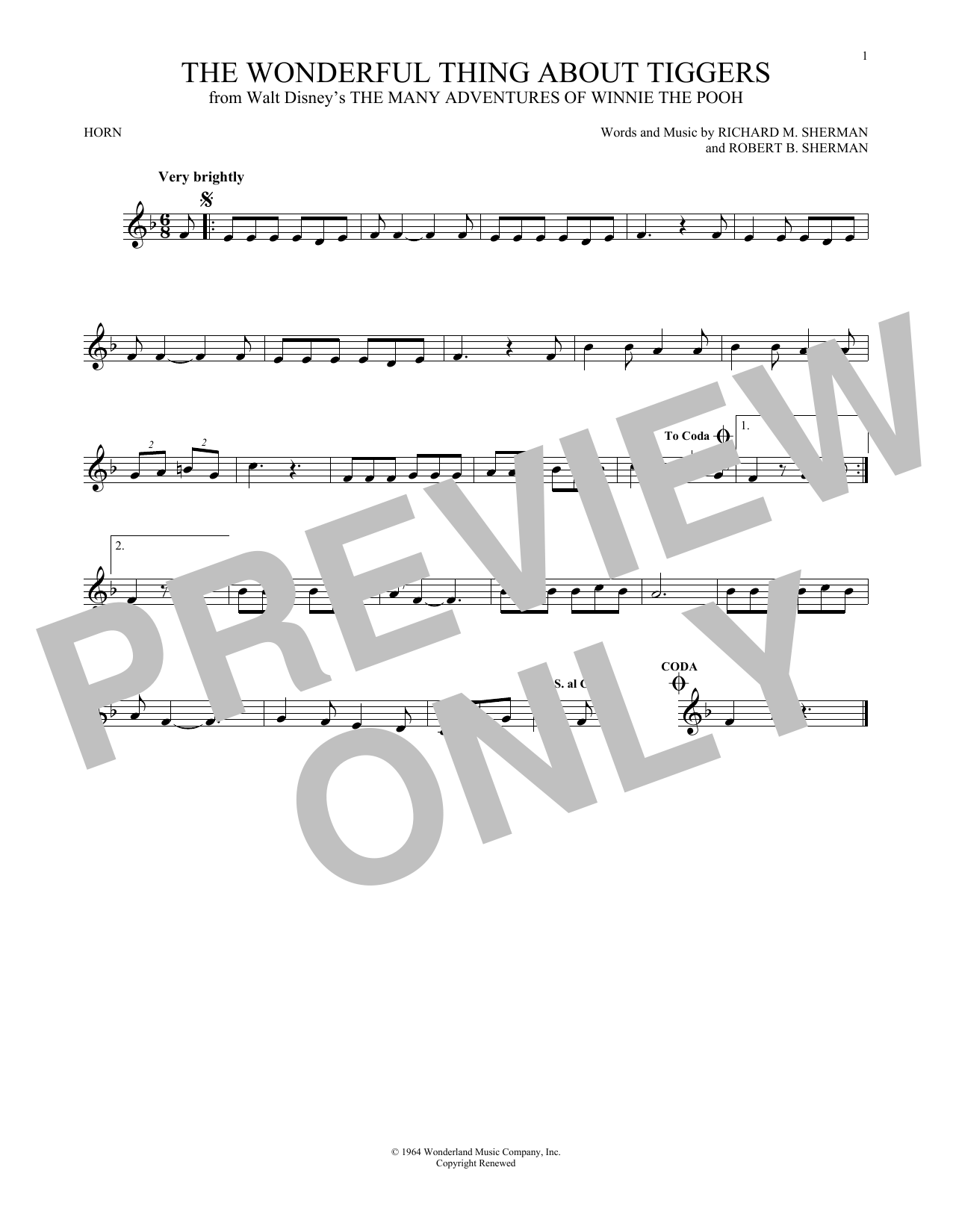 Produktgalerie: Seite 1 von 1 The Wonderful Thing About Tiggers (from The Many Adventures Of Winnie The Pooh), Sherman Brothers, Horn