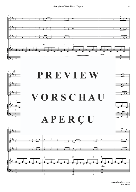 Product gallery: Page 7 of 11 The Rose, Midler, Bette, Trio For 3 Saxophones (A, A, A) and Piano Or Organ, With Optional Cello - Single Version