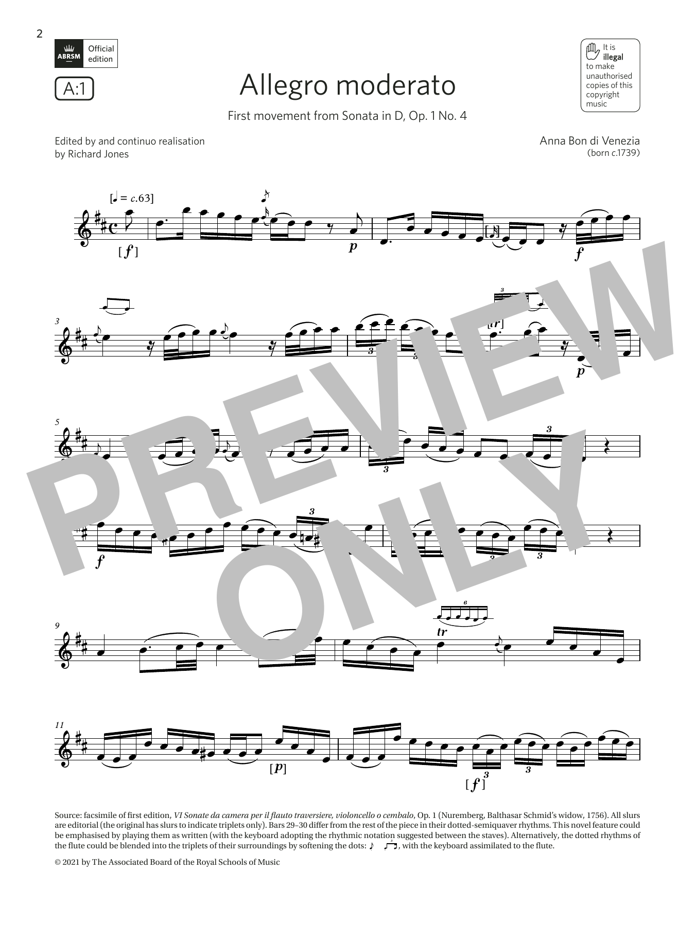 Product gallery: Page 1 of 1 Allegro moderato (from Sonata in D) (Grade 7 List A1 from the ABRSM Flute syllabus from 2022), Anna Bon di Venezia