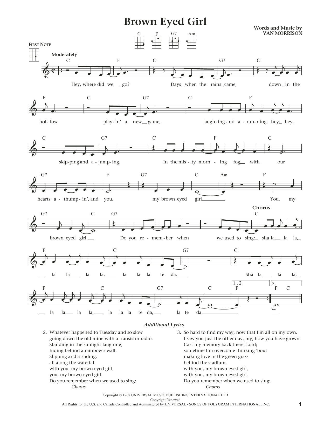 Product gallery: Page 1 of 1 Brown Eyed Girl (from The Daily Ukulele) (arr. Liz and Jim Beloff), Van Morrison