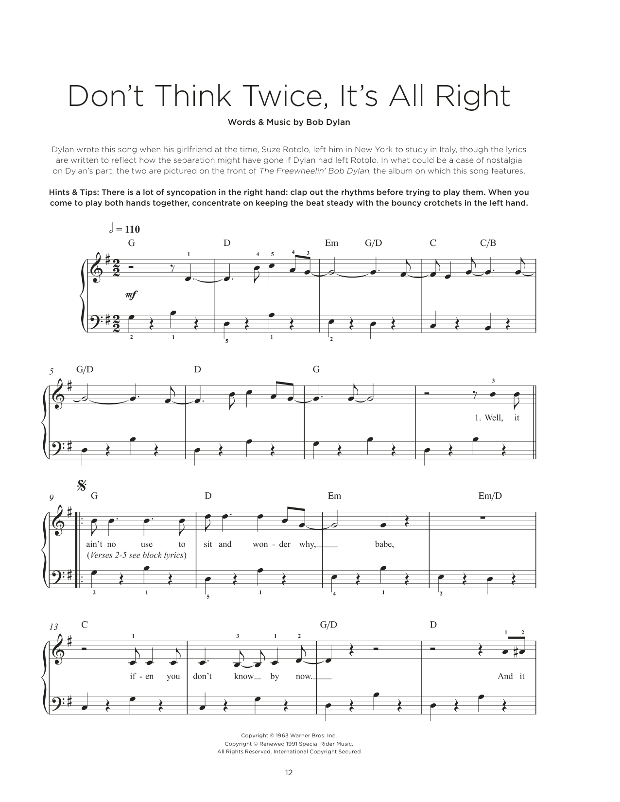 Produktbild zu:  Don't Think Twice, It's All Right - Bob Dylan