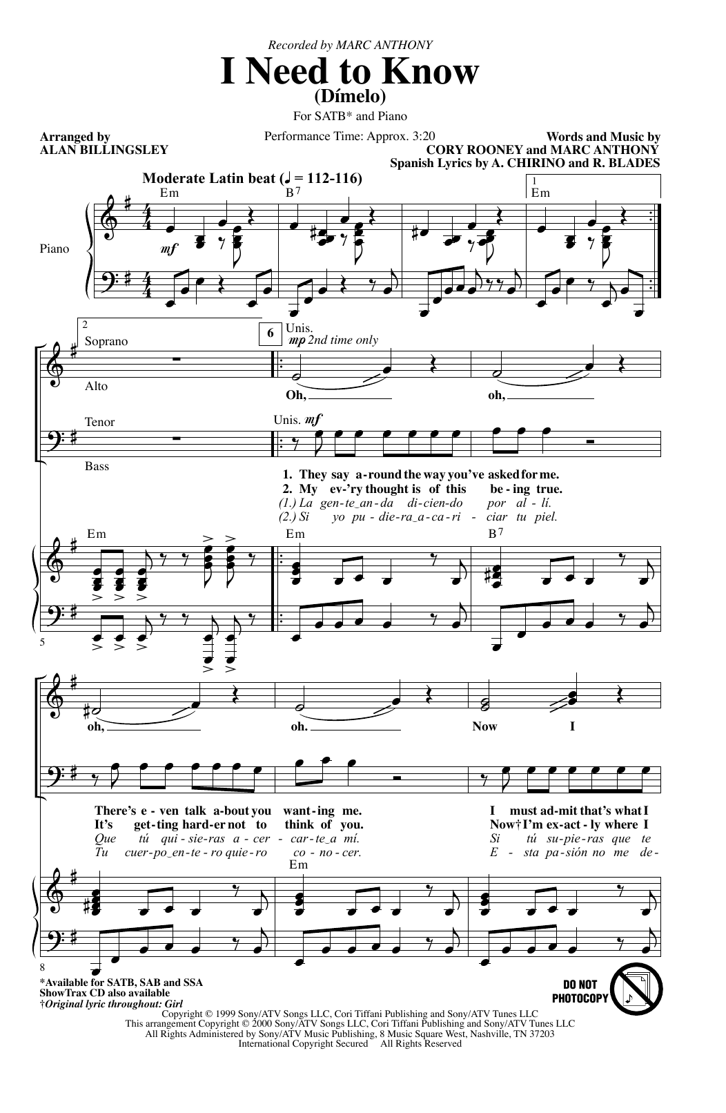 Product gallery: Page 1 of 1 I Need To Know (Dimelo) (arr. Alan Billingsley), Marc Anthony
