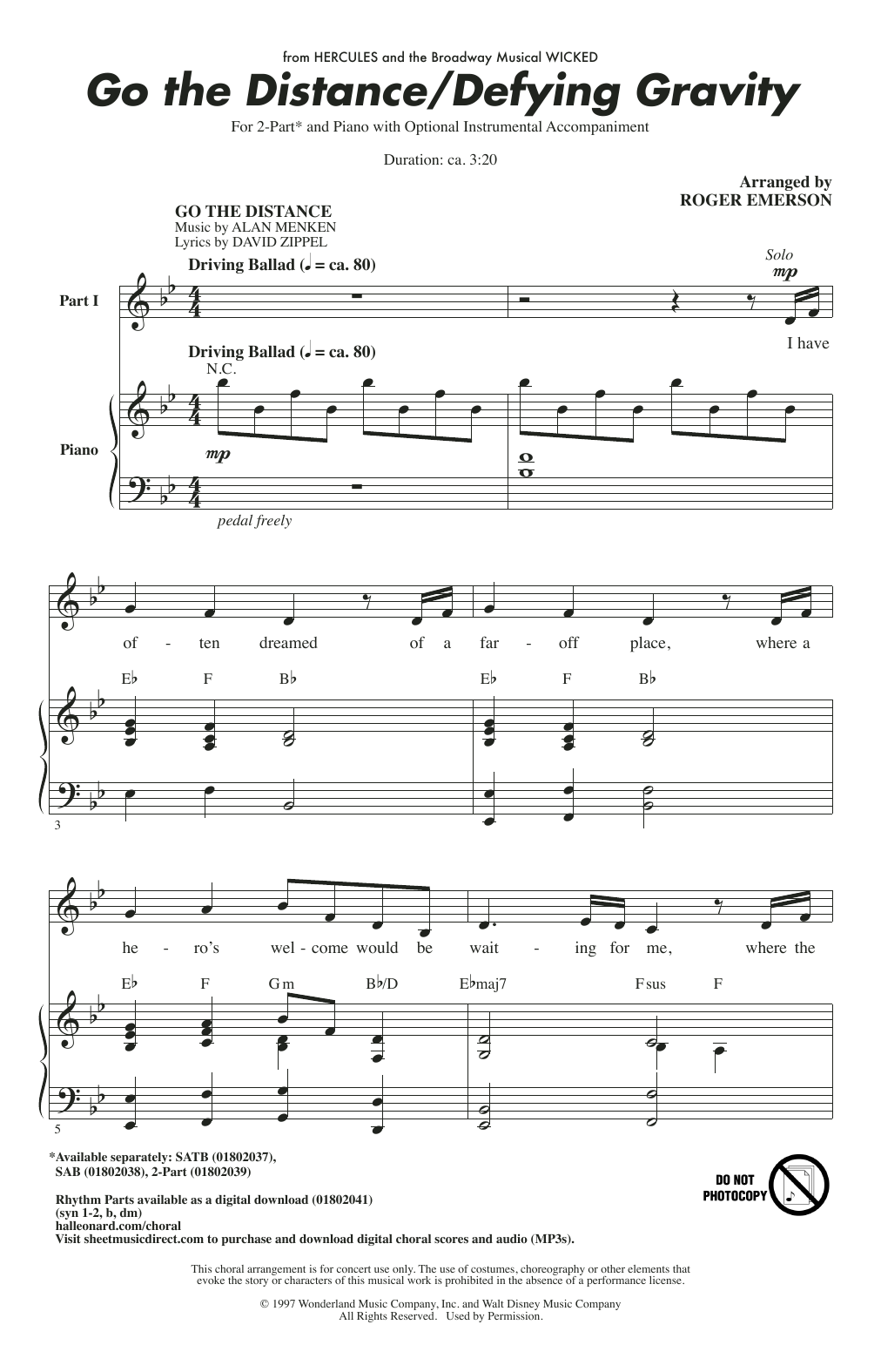 Product picture to: Go The Distance / Defying Gravity (arr. Roger Emerson)