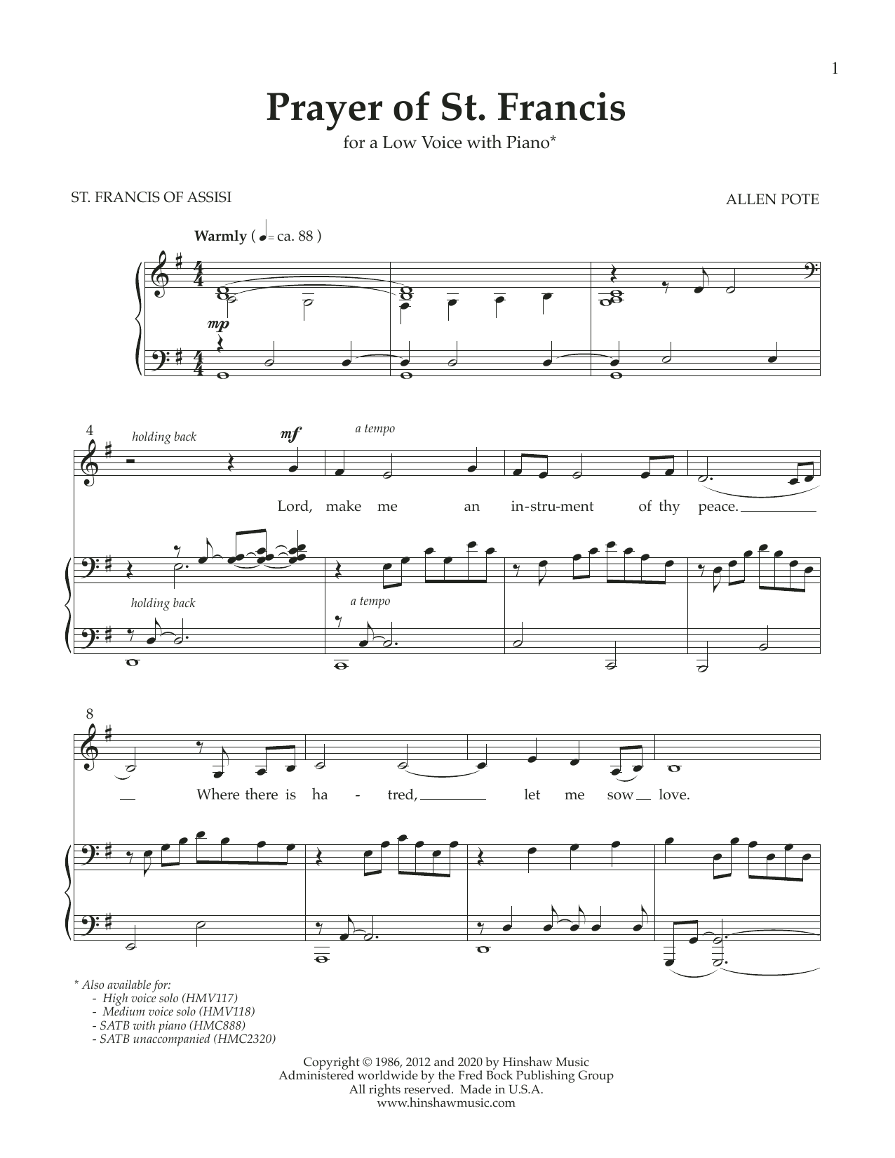 Product gallery: Page 1 of 1 Prayer of St. Francis (Low Voice), Allen Pote
