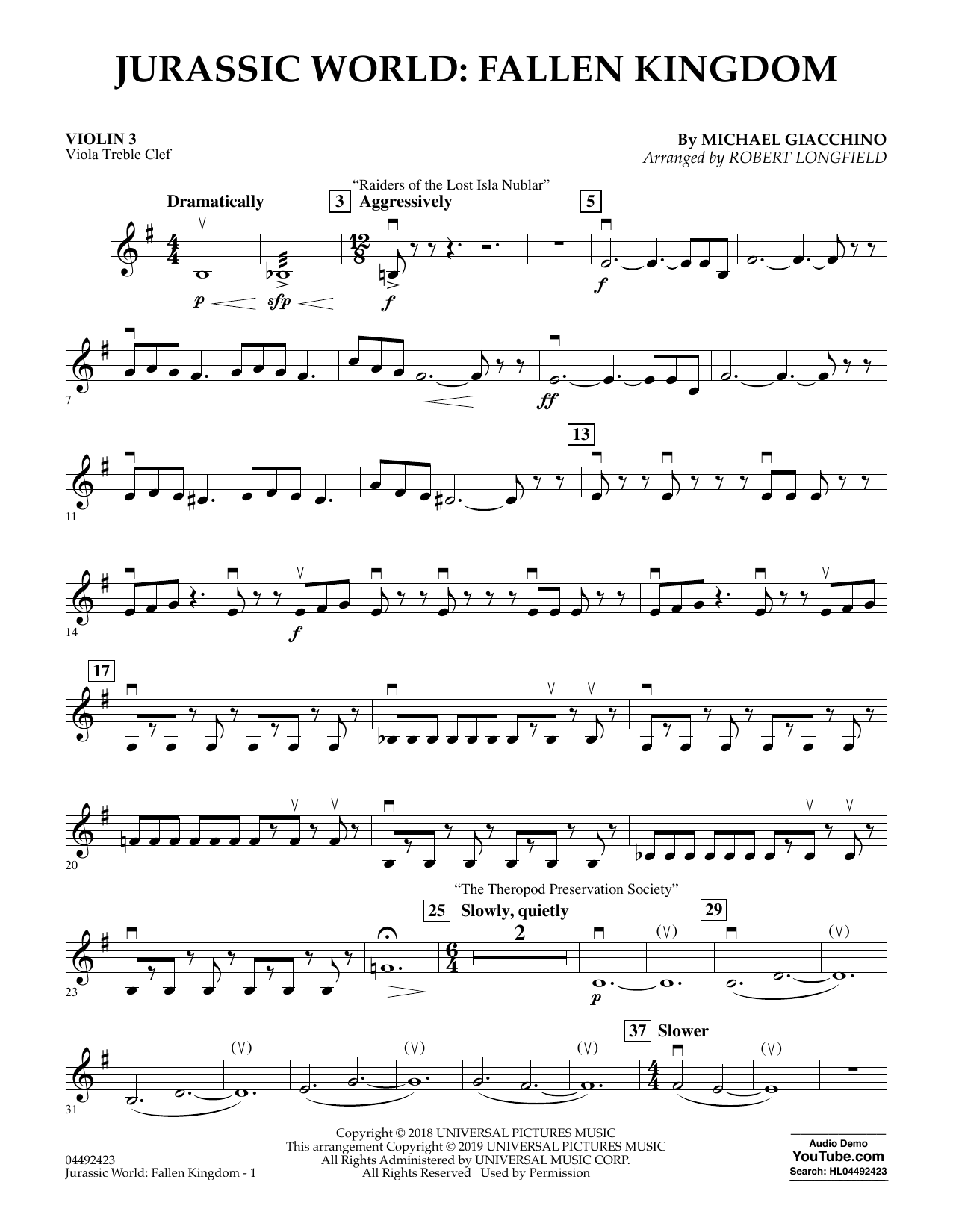 Product picture to: Jurassic World: Fallen Kingdom (arr. Robert Longfield) - Violin 3 (Viola Treble Clef)