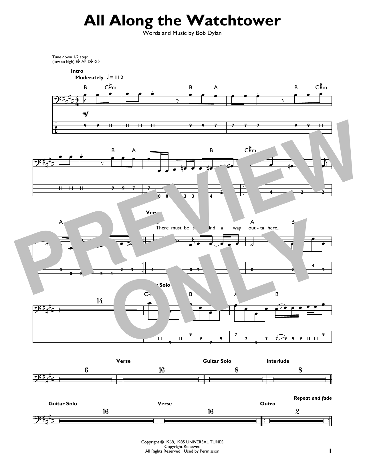 Produktgalerie: Seite 1 von 1 All Along The Watchtower, Jimi Hendrix, E-Bass, Gitarre