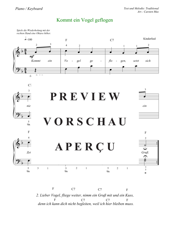 Product picture to: Kommt ein Vogel geflogen ( F- Dur)  (Piano / Keyboard) Traditional