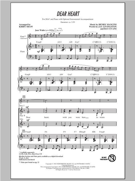 Product gallery: Page 1 of 1 Dear Heart (arr. Kirby Shaw), Henry Mancini