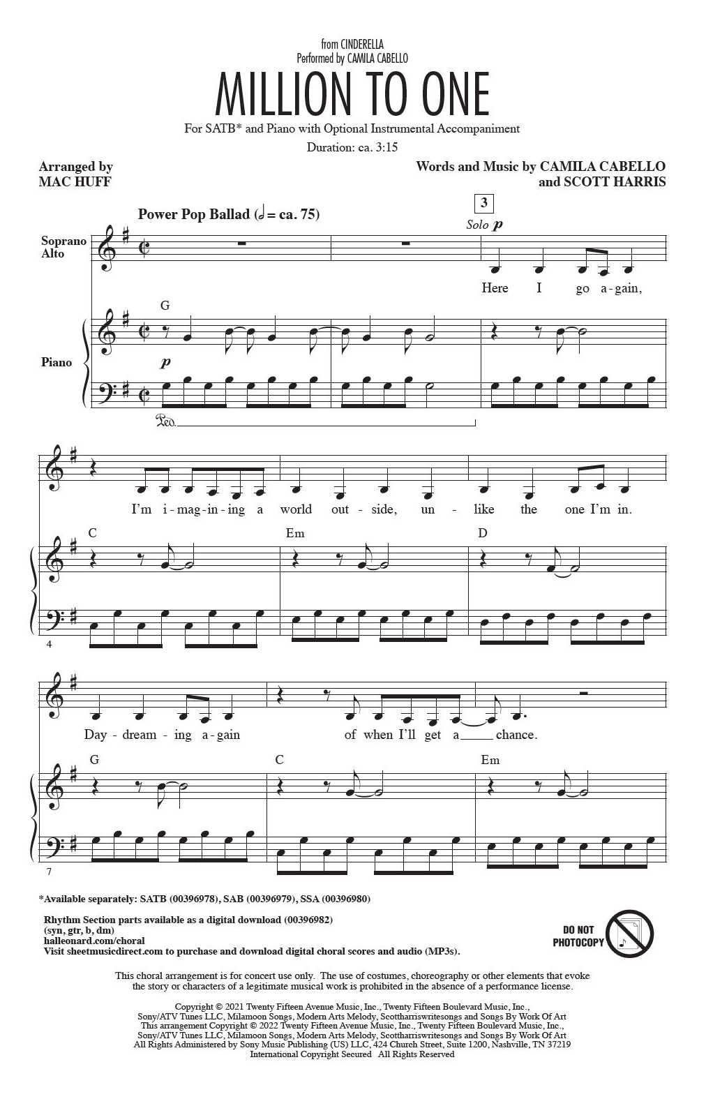 Produktbild zu: Million To One (from the Amazon Original Movie Cinderella) (arr. Mac Huff)